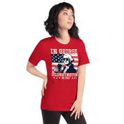 T-shirt with In George Sloshington We Trust text, image of George Washington drinking a beer, and distressed American flag background. Perfect for 4th of July.