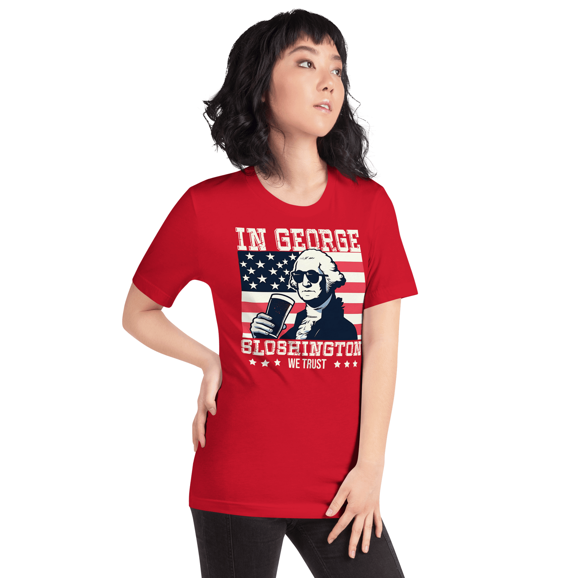 T-shirt with In George Sloshington We Trust text, image of George Washington drinking a beer, and distressed American flag background. Perfect for 4th of July.