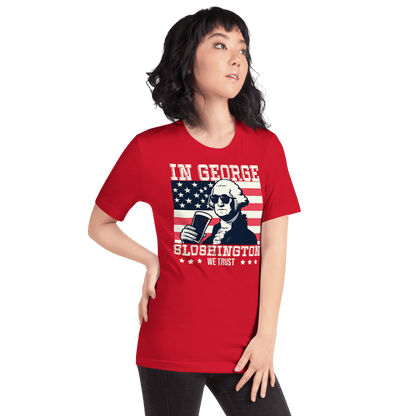 T-shirt with In George Sloshington We Trust text, image of George Washington drinking a beer, and distressed American flag background. Perfect for 4th of July.