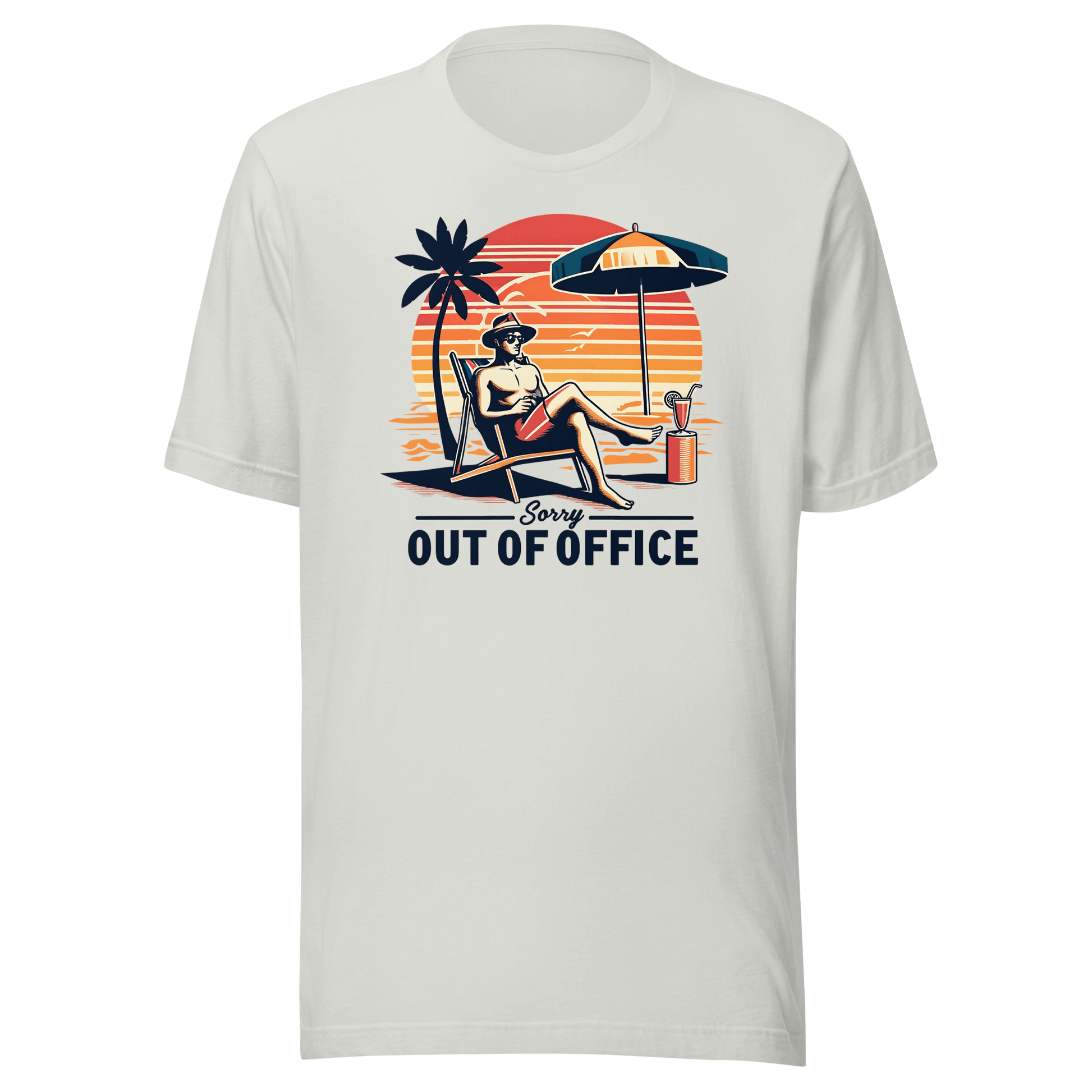 Man lounging in a beach chair with a cocktail, wearing our 'Sorry, Out of Office' vintage tee against a retro sunset backdrop.