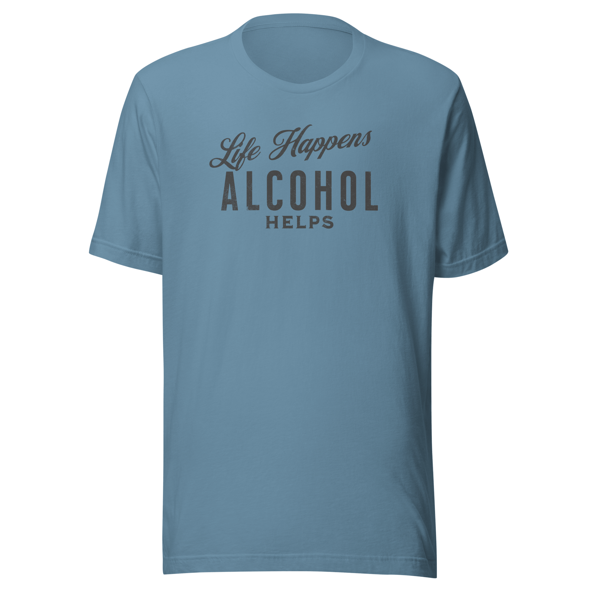 "Life Happens Alcohol Helps" T-Shirt: Embrace Fun! Get your hands on the ultimate funny drinking t-shirt. Comfortable, lightweight, and perfect for all. Dive into fun with style!