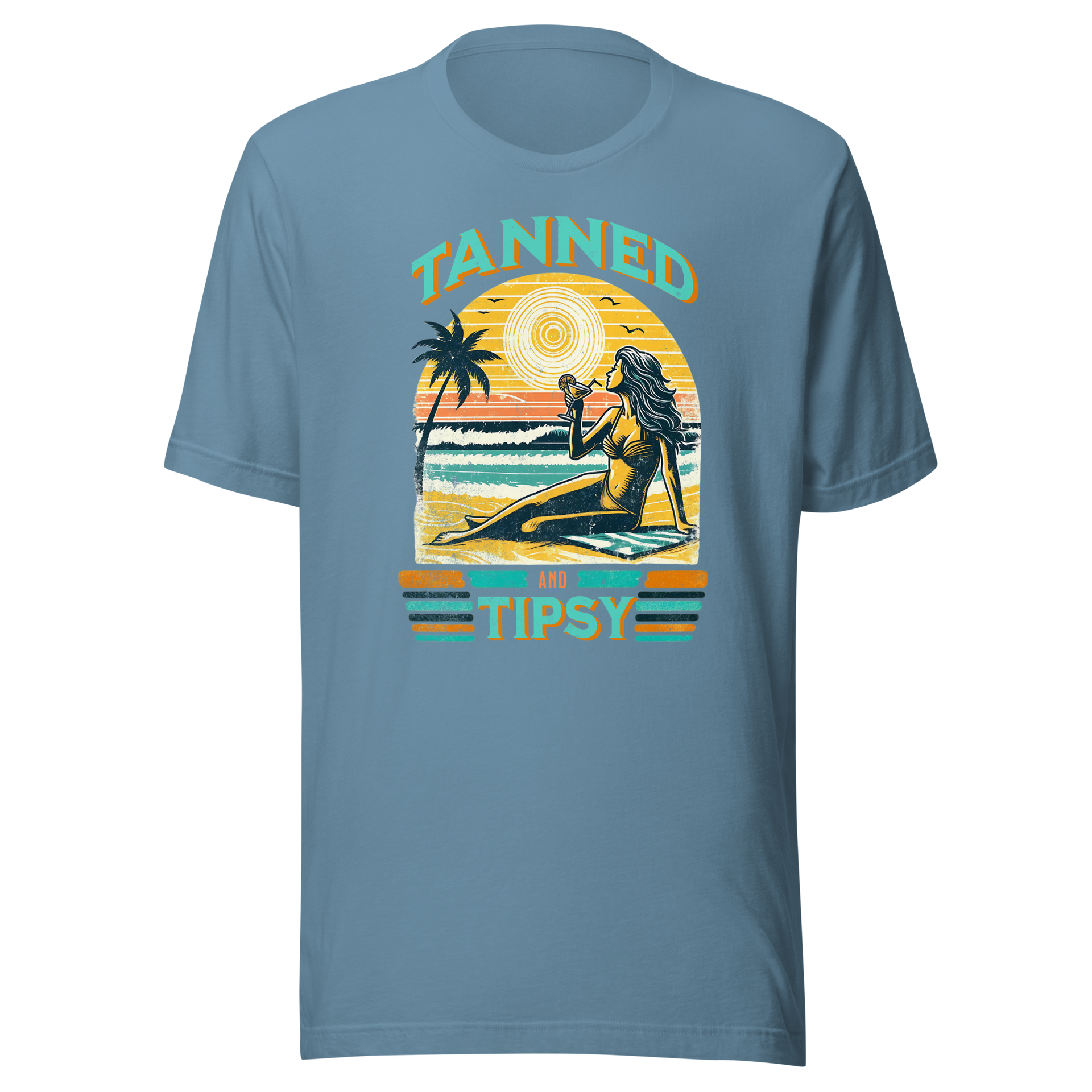 Vintage-inspired 'Tanned and Tipsy' tee with a woman sipping a cocktail on a beach at sunset, perfect for beach drinking and summer parties.