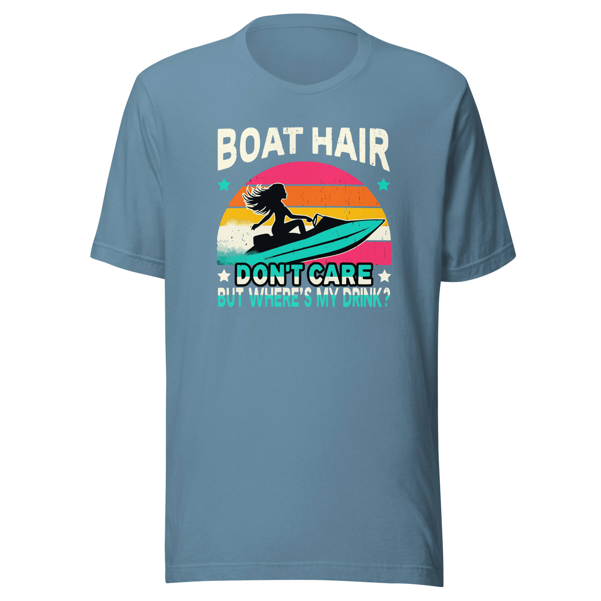 Tee with "Boar Hair Don't Care, But Where's My Drink?" and a woman on a jet ski against a retro sunset backdrop.