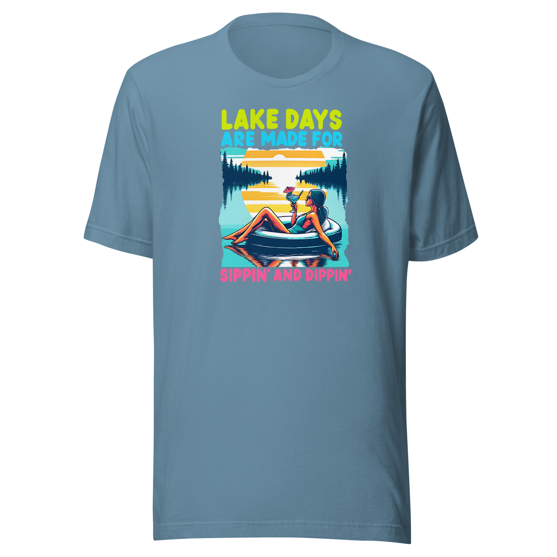 Tee with "Lake Days Are Made for Sipping and Dipping," featuring a woman on a tube float with a cocktail, lake and sunset backdrop.