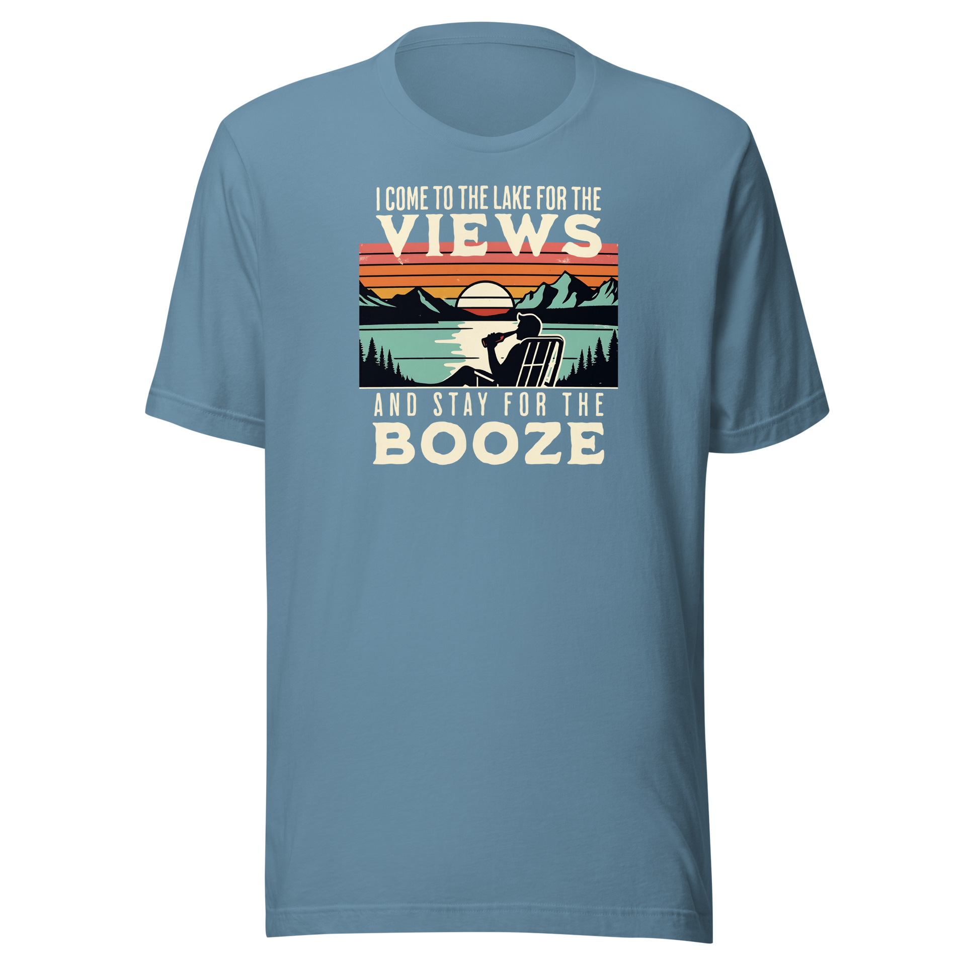 Tee showing "I Come to the Lake for the Views and Stay for the Booze," with a man in a beach chair, lake, and retro sunset.