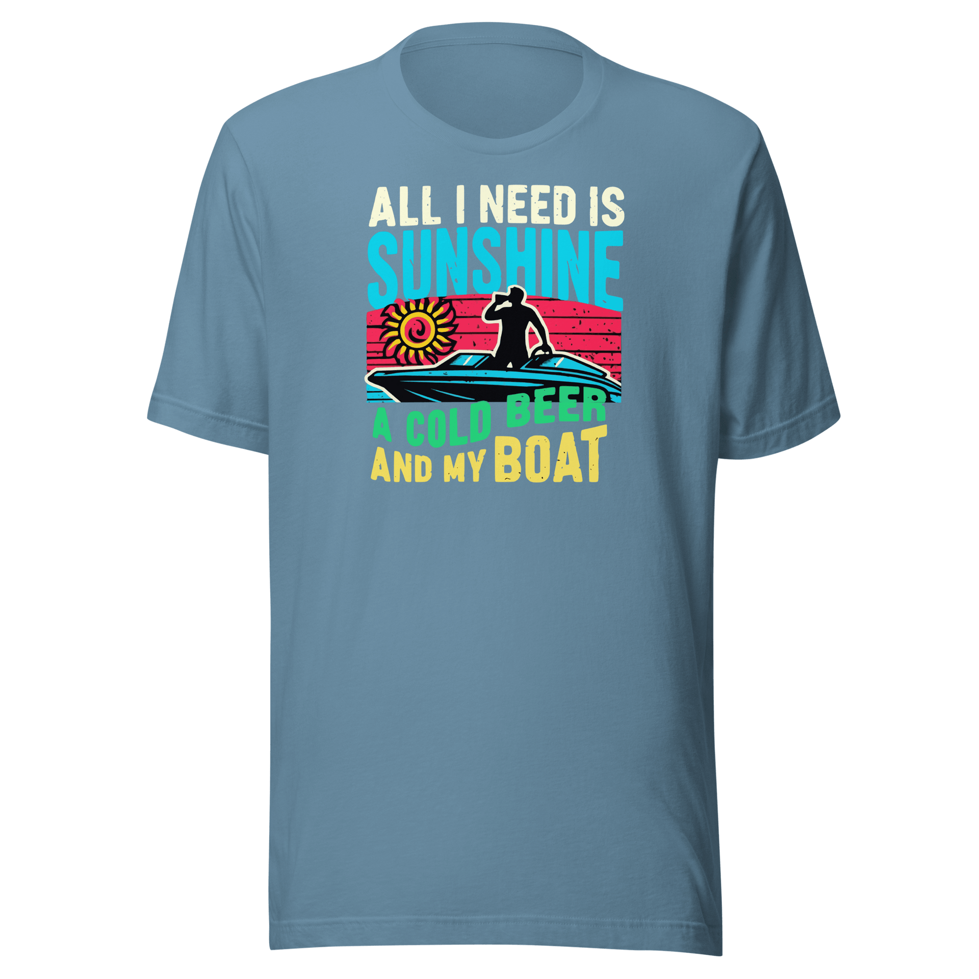 Tee featuring "All I Need Is Sunshine, a Cold Beer, and My Boat" with a man in a boat and a retro sunset in the background.