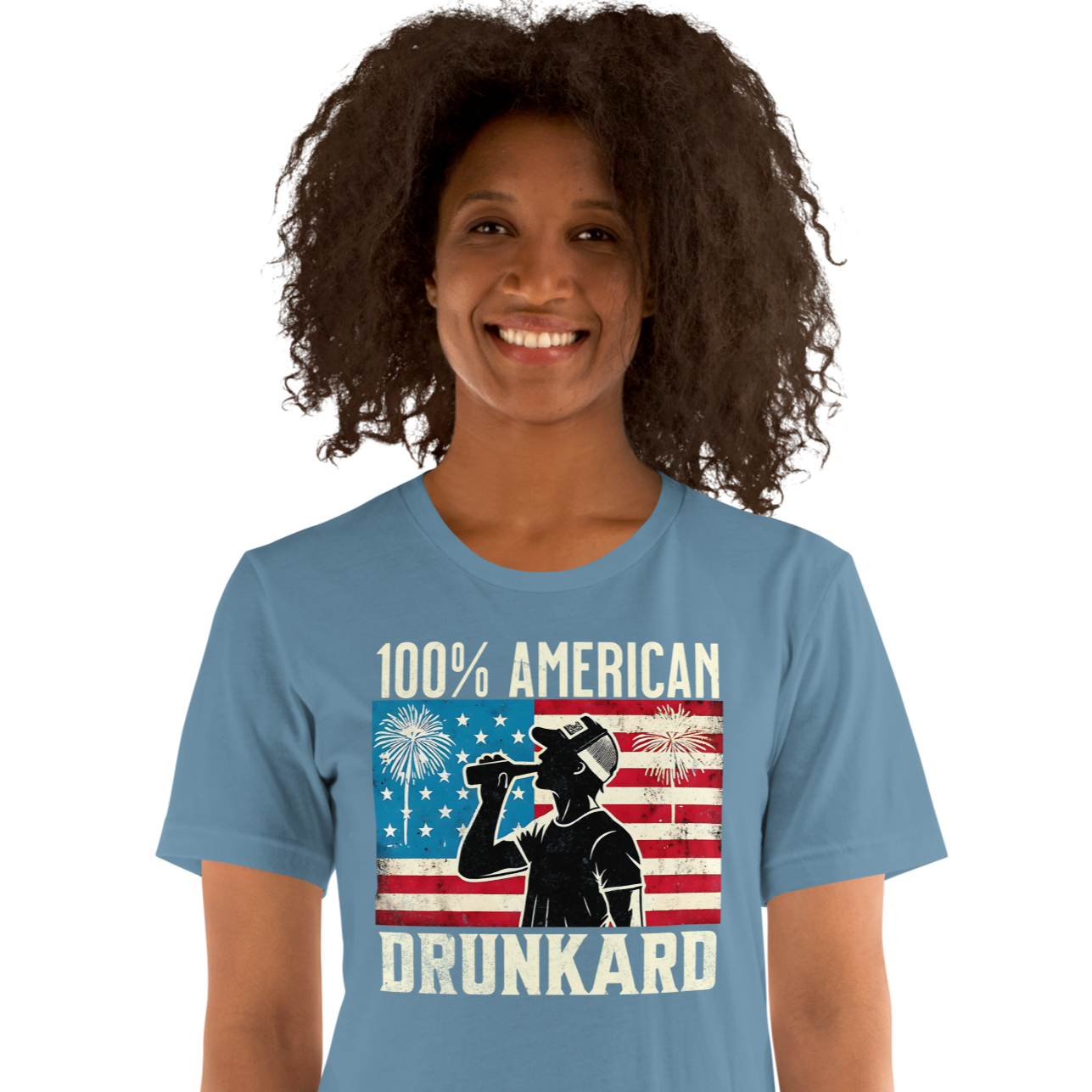 4th of July T-shirt with '100% American Drunkard' text, man drinking a bottle of beer wearing a trucker hat, and distressed American flag background