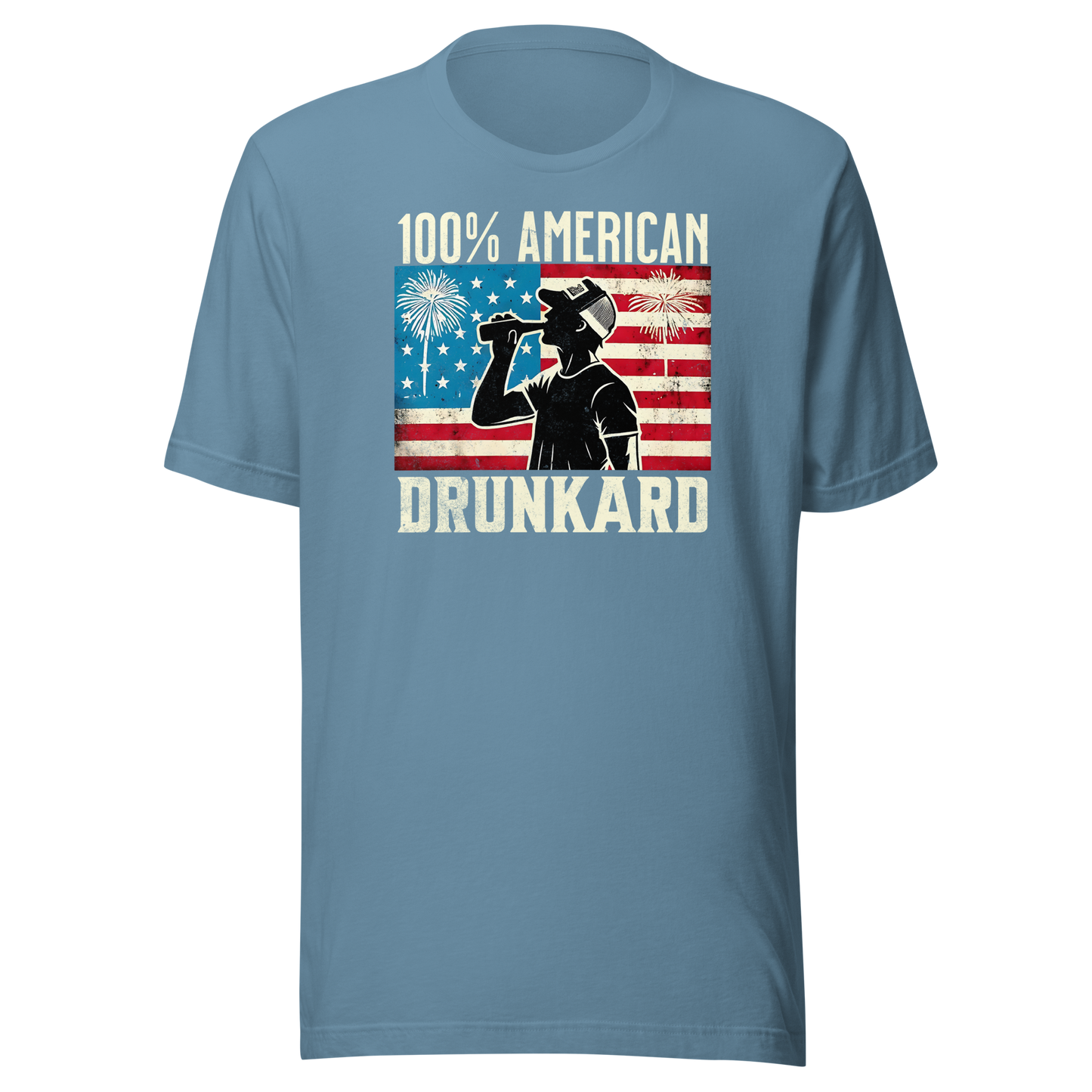 4th of July T-shirt with '100% American Drunkard' text, man drinking a bottle of beer wearing a trucker hat, and distressed American flag background