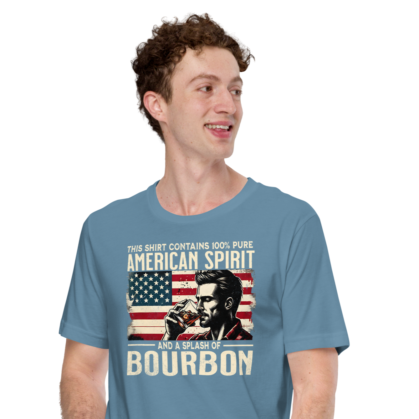 Tee with 'This Shirt Contains 100% American Spirit and a Splash of Bourbon' text, man drinking a glass of bourbon, and distressed American flag background