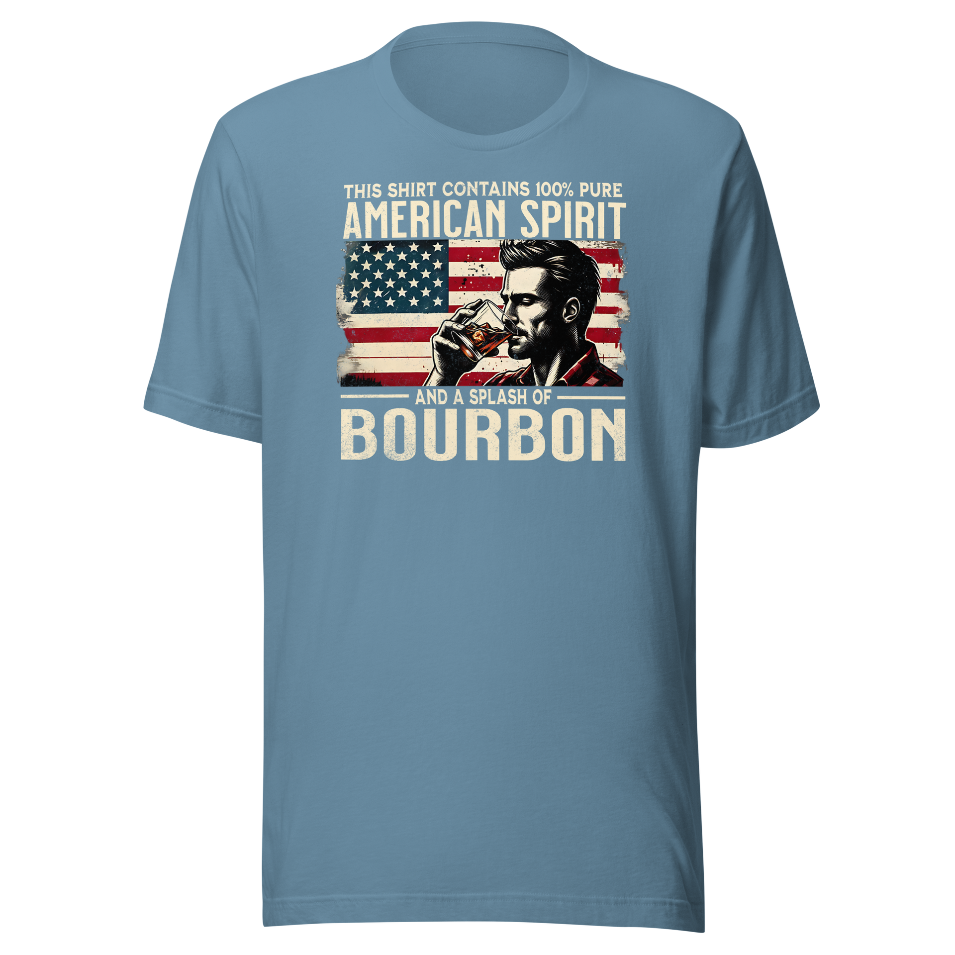 Tee with 'This Shirt Contains 100% American Spirit and a Splash of Bourbon' text, man drinking a glass of bourbon, and distressed American flag background