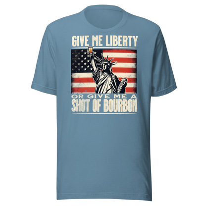 T-shirt with Give Me Liberty or Give Me a Shot of Bourbon text, Statue of Liberty holding a shot glass, and distressed American flag background. Perfect for 4th of July.