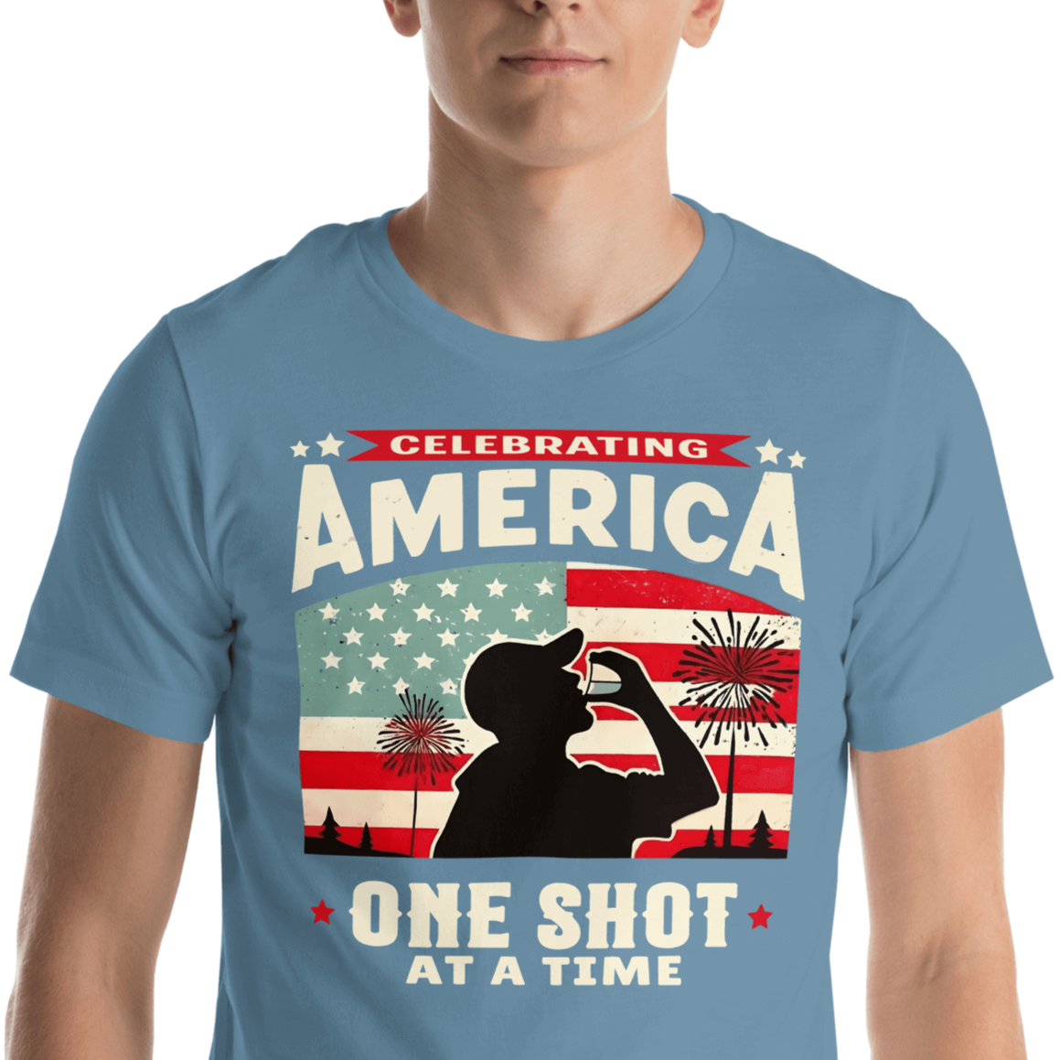 T-shirt with Celebrating America One Shot at a Time text, silhouette of a man drinking a shot, and distressed American flag background. Perfect for 4th of July.