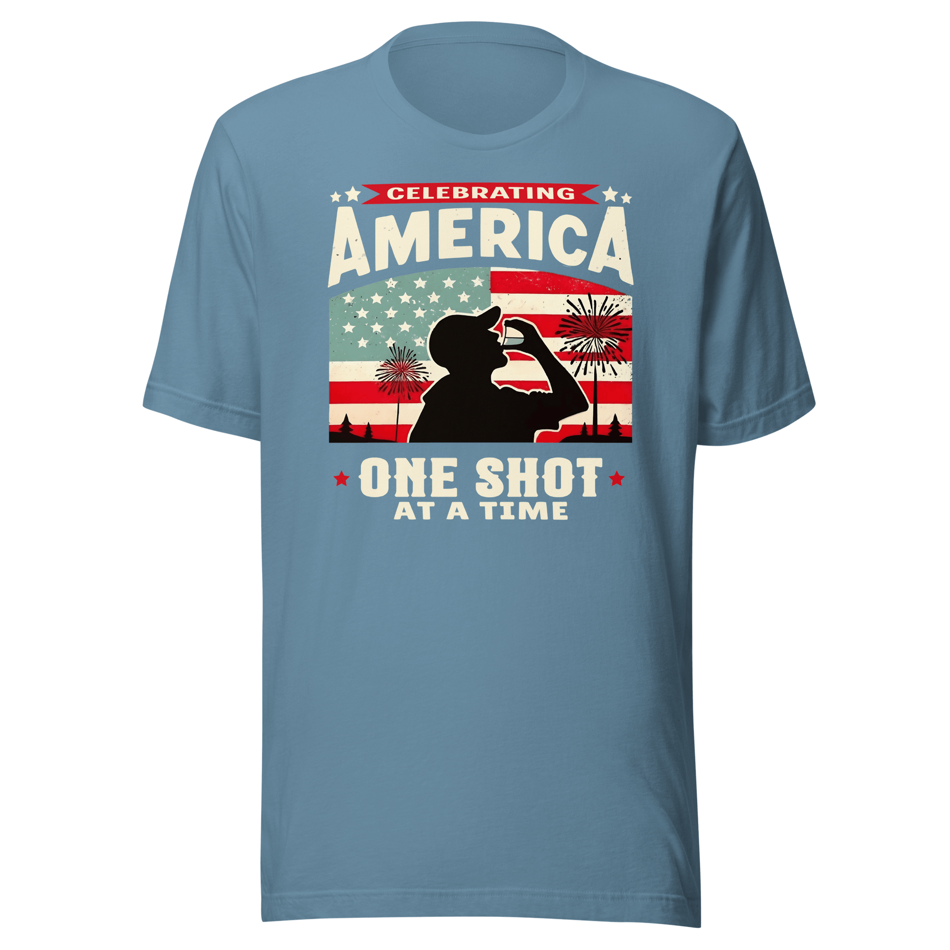 T-shirt with Celebrating America One Shot at a Time text, silhouette of a man drinking a shot, and distressed American flag background. Perfect for 4th of July.