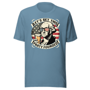 T-shirt with Let's Get This Party Founded text, George Washington drinking a beer, and distressed American flag background. Perfect for 4th of July.