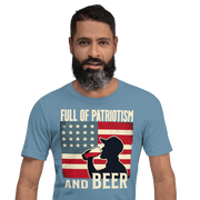 T-shirt with Full of Patriotism and Beer text and a distressed American flag background. Perfect for 4th of July.