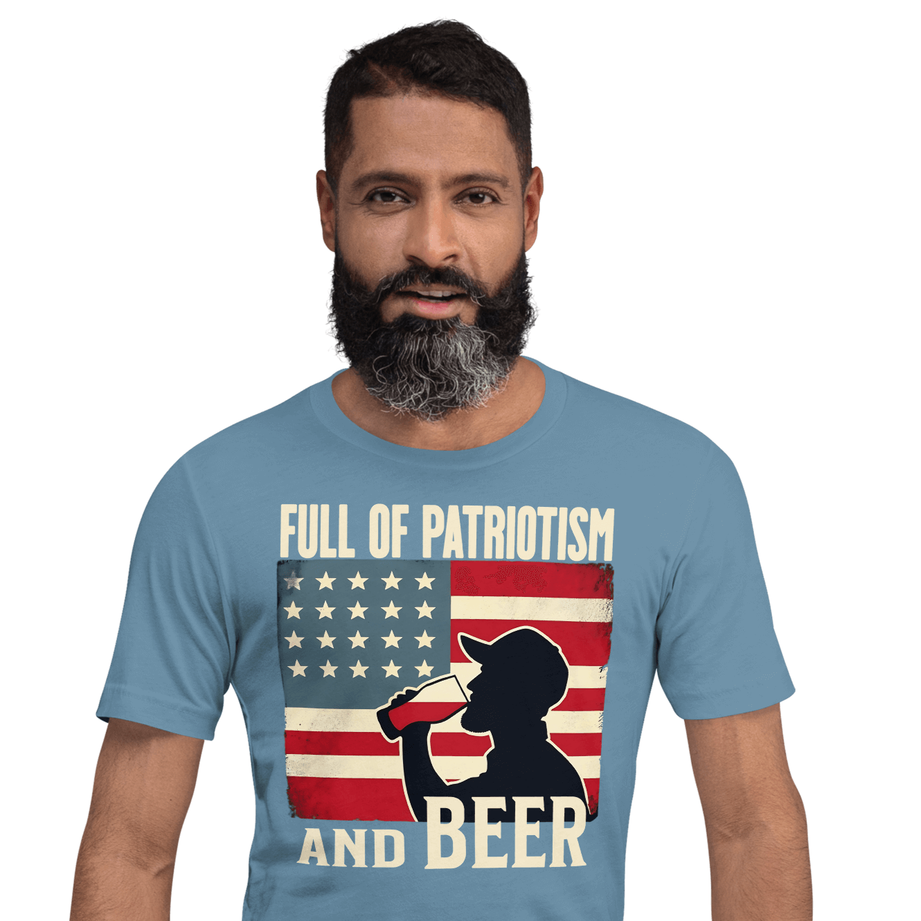 T-shirt with Full of Patriotism and Beer text and a distressed American flag background. Perfect for 4th of July.