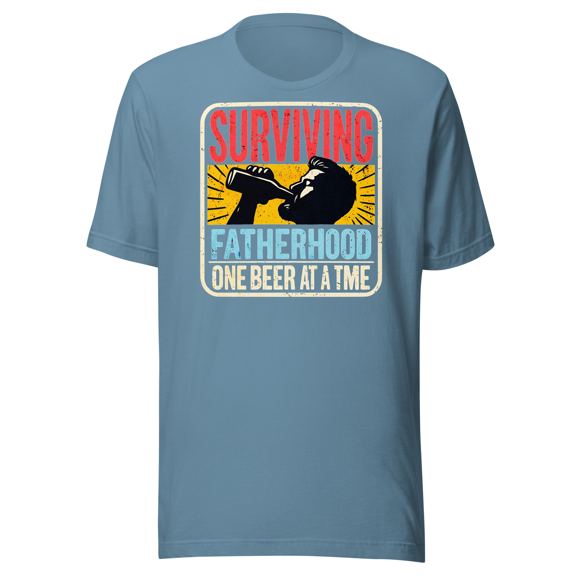 Celebrate fatherhood with our "Surviving Fatherhood One Beer at a Time" t-shirt. Perfect gift for dads who love a cold one. Ideal for Father's Day or birthdays.