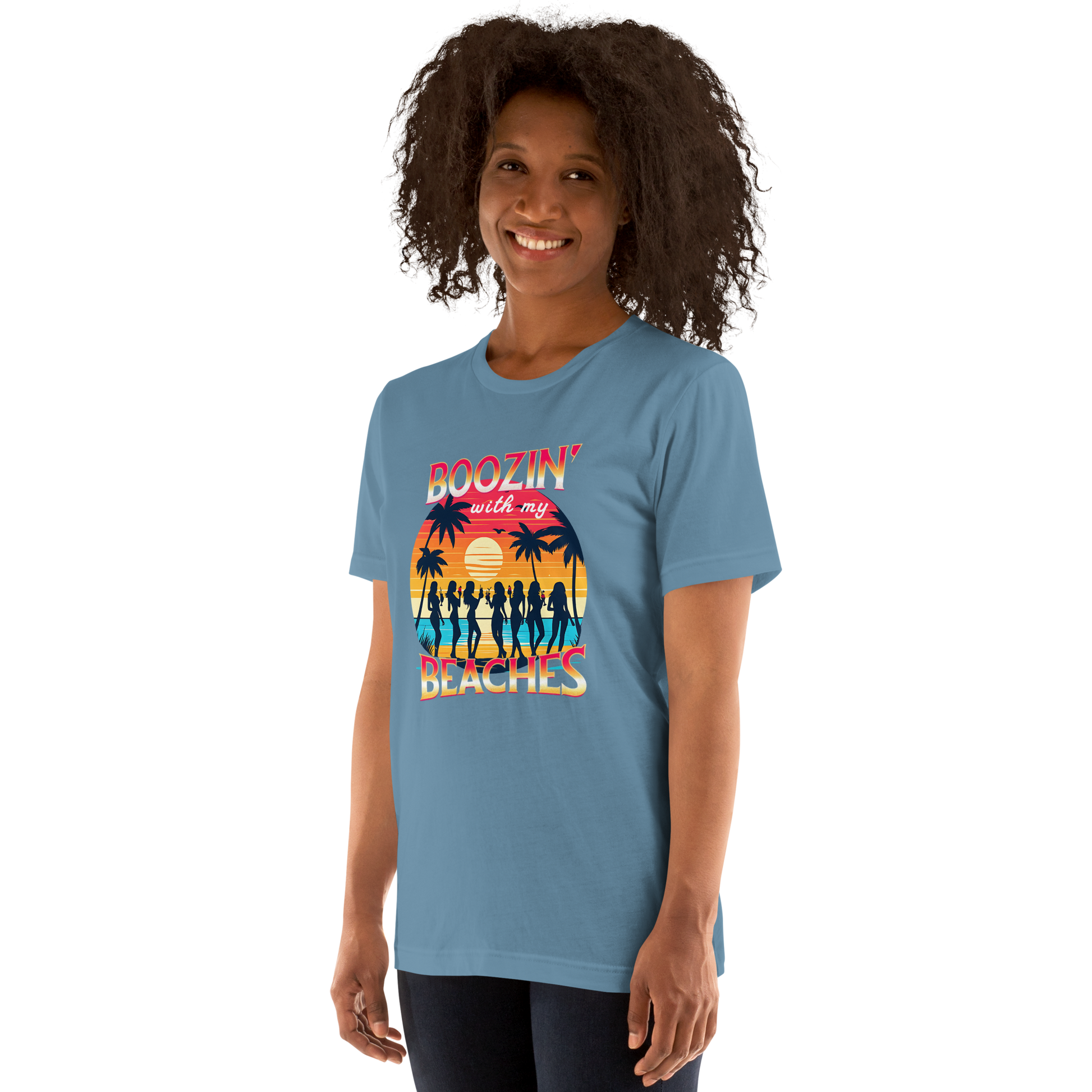 Silhouettes of women drinking cocktails on the beach at sunset in 'Boozin' with My Beaches' tee.