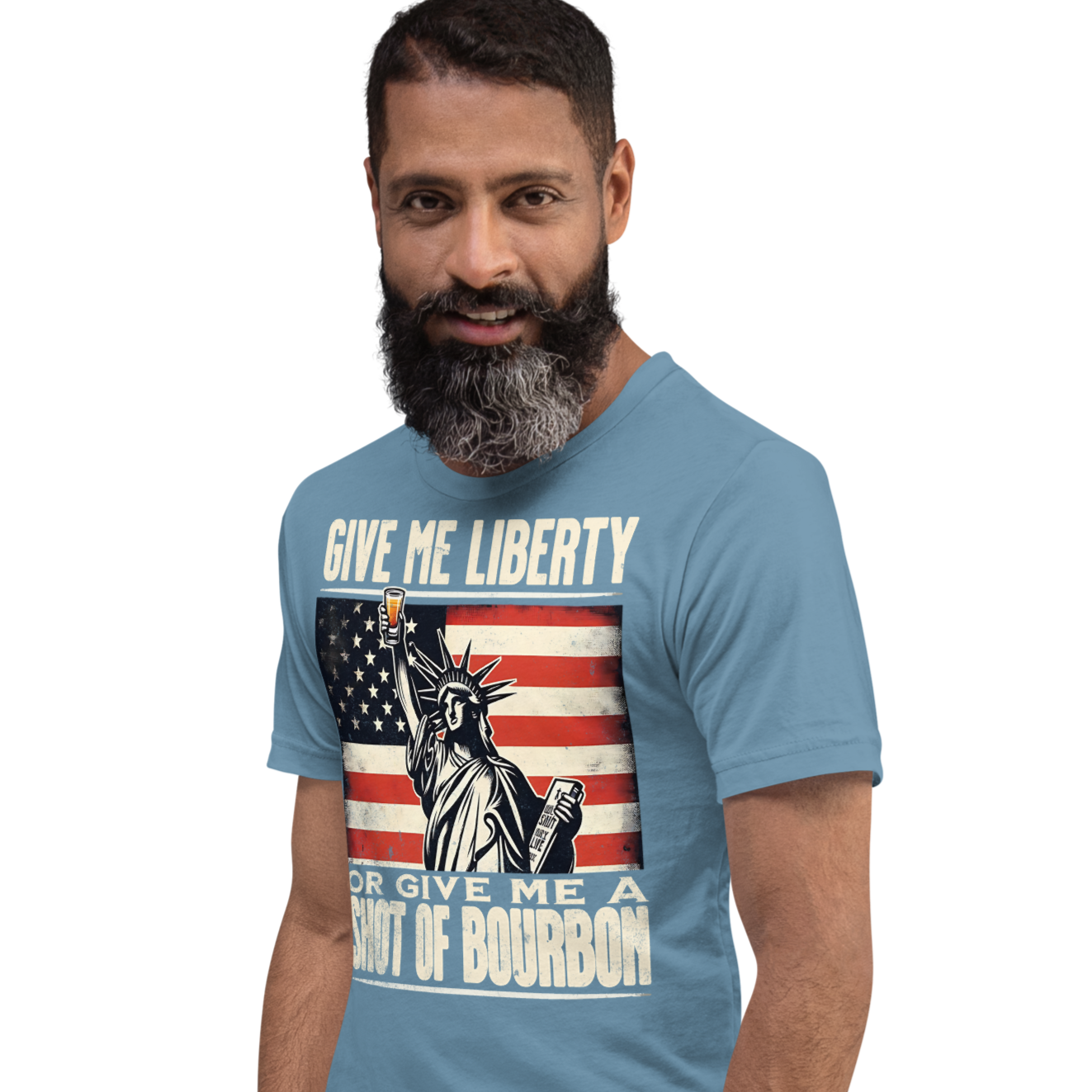 T-shirt with Give Me Liberty or Give Me a Shot of Bourbon text, Statue of Liberty holding a shot glass, and distressed American flag background. Perfect for 4th of July.