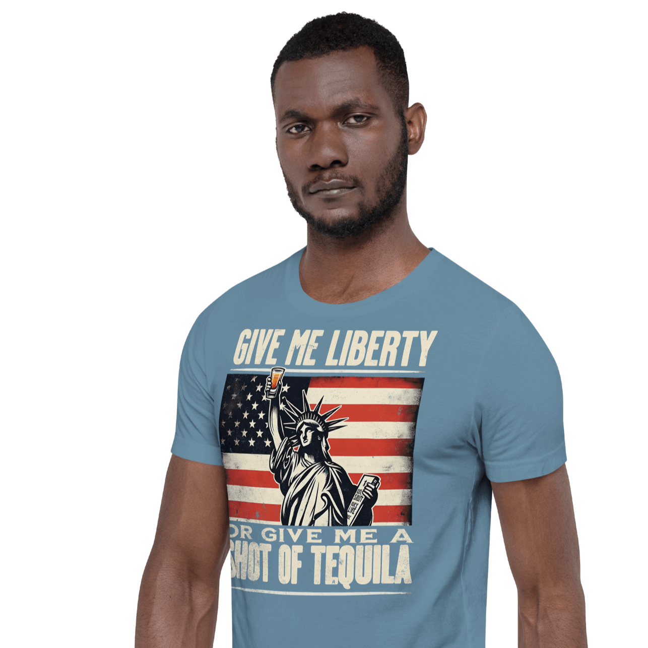 T-shirt with Give Me Liberty or Give Me a Shot of Tequila text, Statue of Liberty holding a shot glass, and distressed American flag background. Perfect for 4th of July.