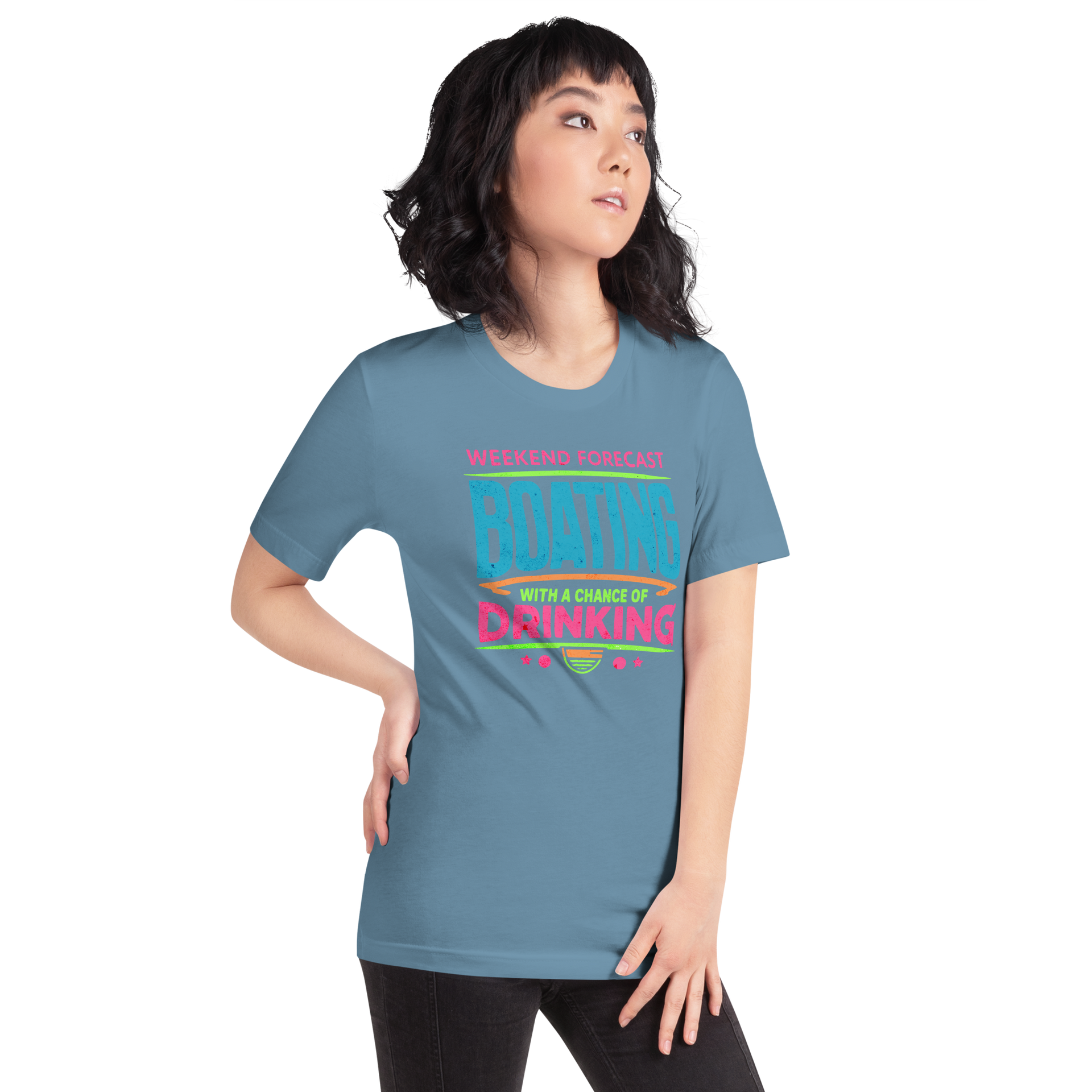 Tee with "Weekend Forecast: Boating with a Chance of Drinking" in bright colors, ideal for boaters.