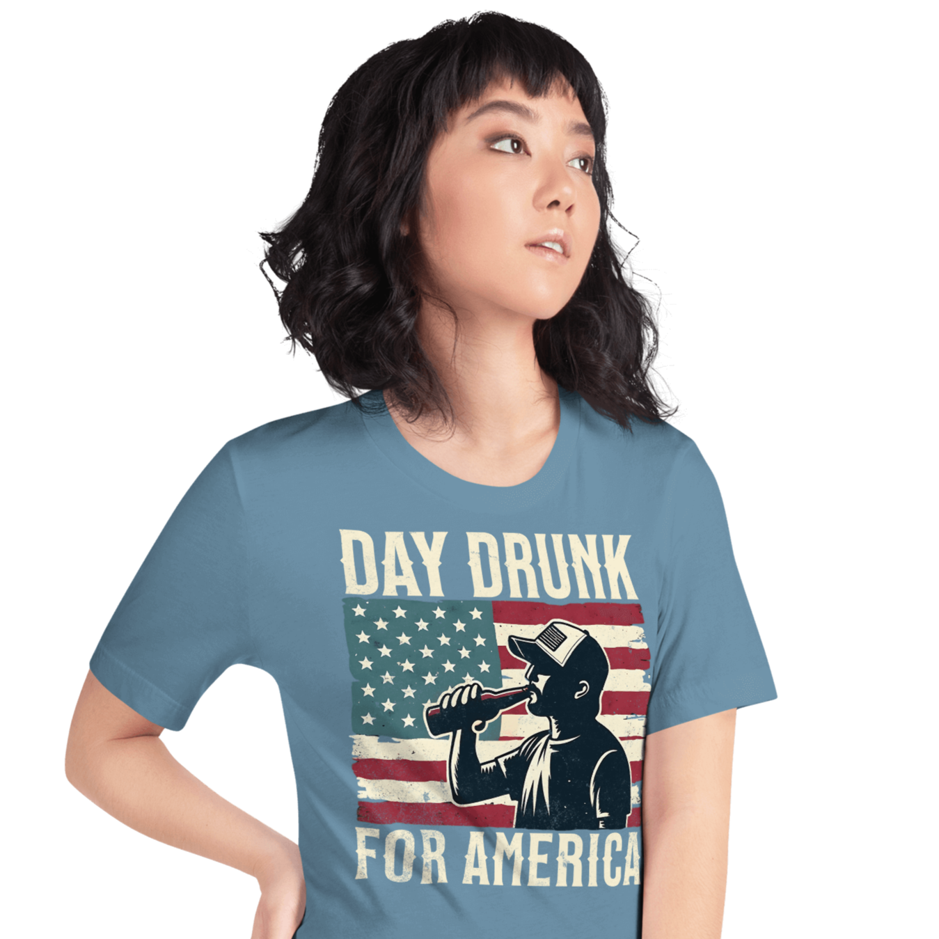 T-shirt with Day Drunk for America text, silhouette of a man drinking a bottle of beer, and distressed American flag background. Perfect for 4th of July.