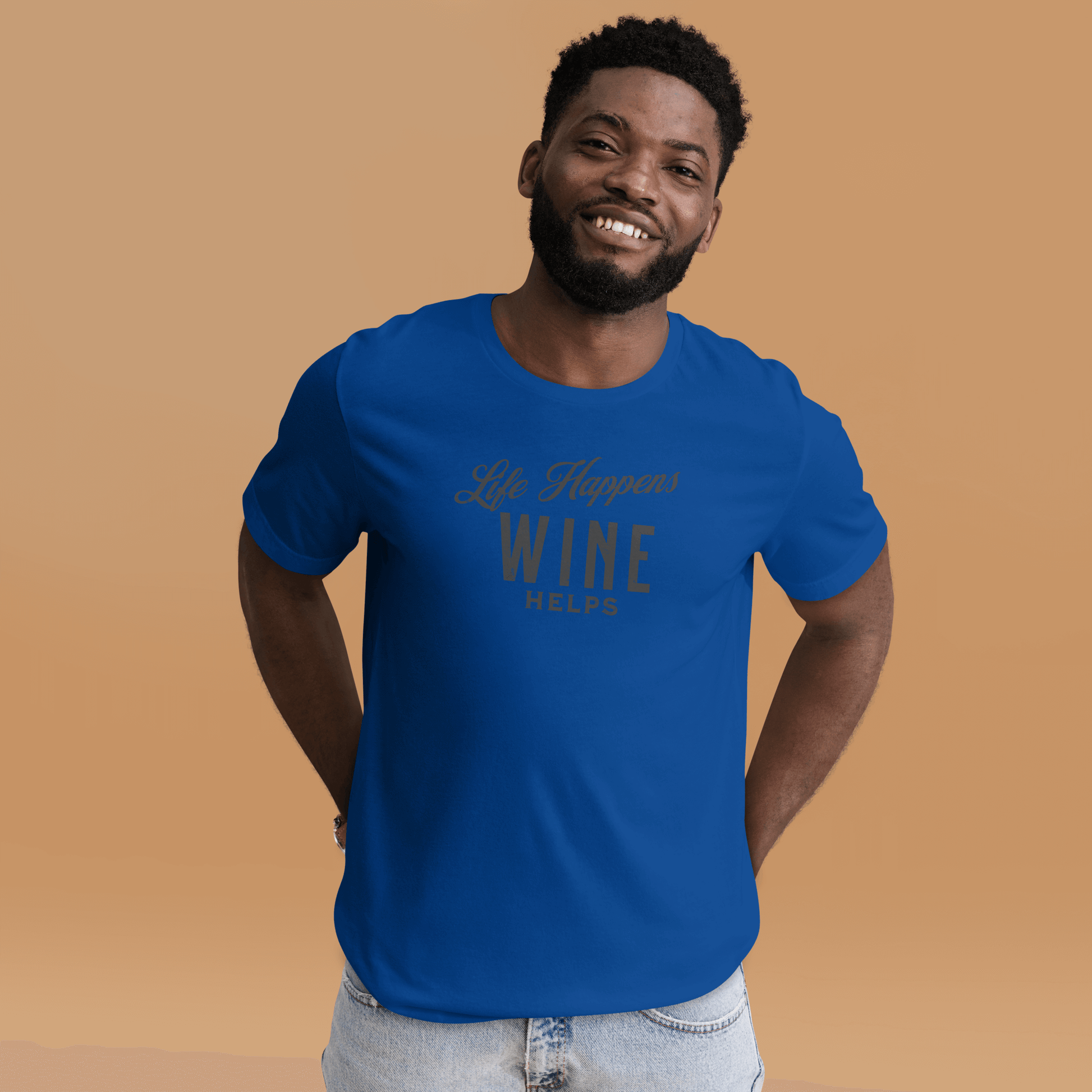 Life Happens Wine Helps Tee - Funny & Comfy ApparelEmbrace laid-back style with our "Life Happens Wine Helps" Tee. Perfect blend of humor & comfort in 100% cotton. Ideal for everyday wear. Shop now!