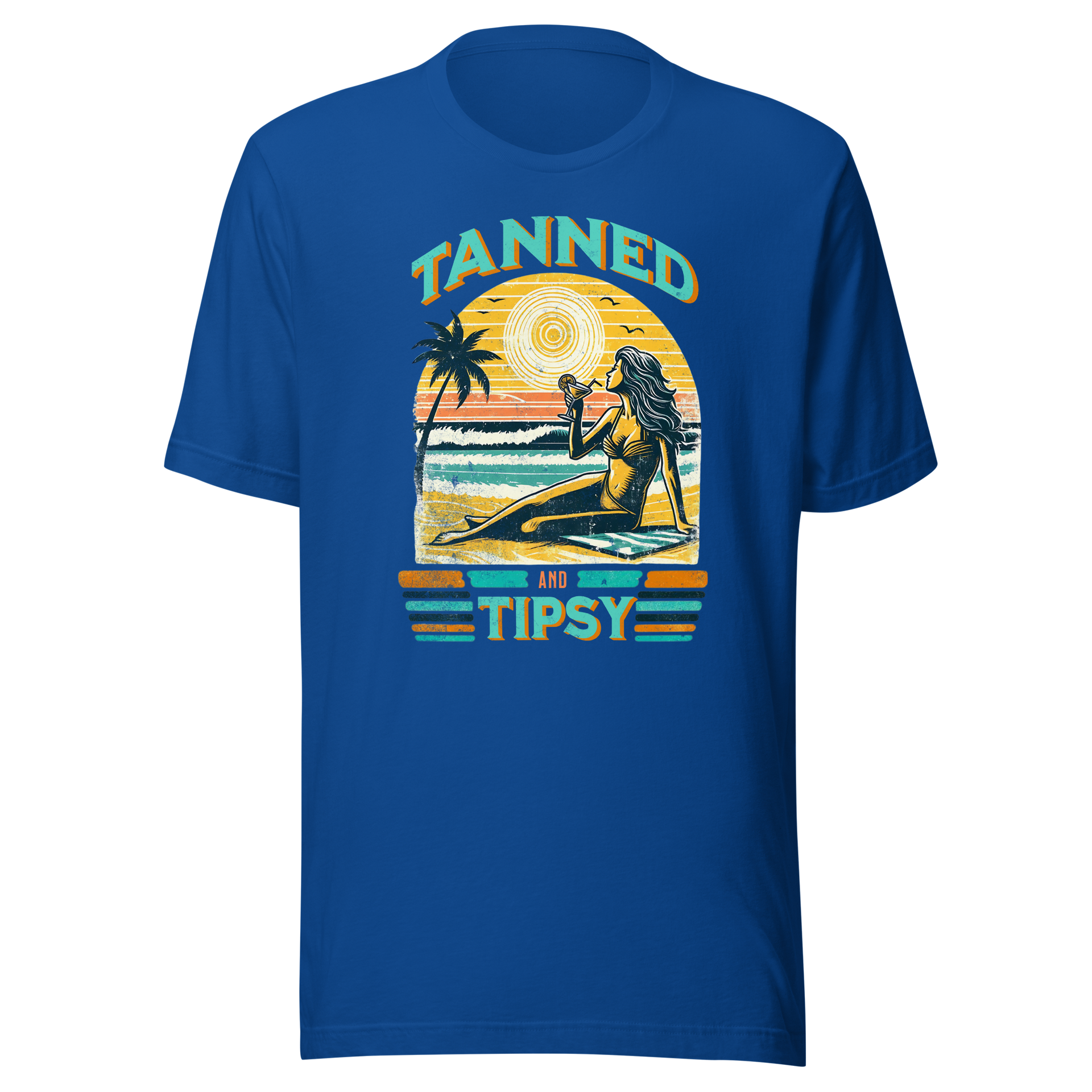 Vintage-inspired 'Tanned and Tipsy' tee with a woman sipping a cocktail on a beach at sunset, perfect for beach drinking and summer parties.