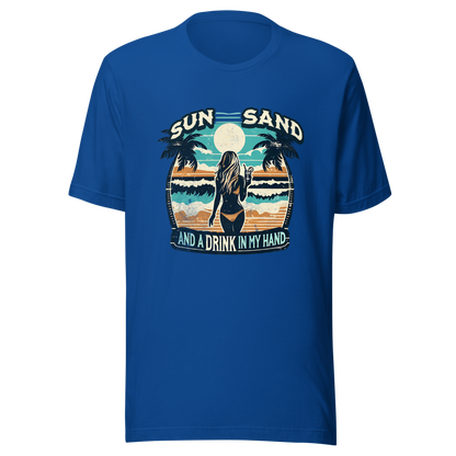 Woman with cocktail on beach on 'Sun, Sand, and a Drink in My Hand' tee, showcasing ocean and sun background