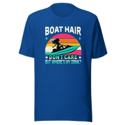 Tee with "Boar Hair Don't Care, But Where's My Drink?" and a woman on a jet ski against a retro sunset backdrop.