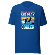 Tee with "The Only Six-Pack I'm Working On Is In The Cooler" and a graphic of a man lounging in a beach chair with a beer.