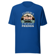 Tee with "It's a Good Day to Drink at the Lake with Friends," showing people drinking on a boat, with lake and mountain views.