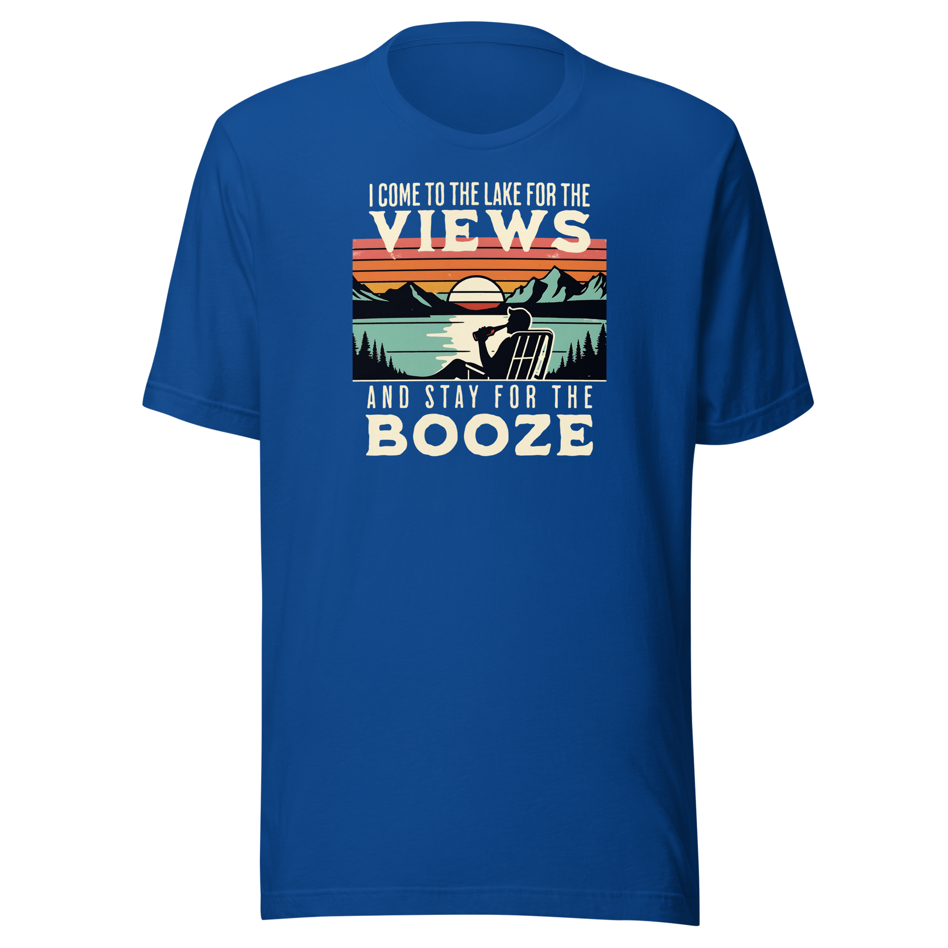 Tee showing "I Come to the Lake for the Views and Stay for the Booze," with a man in a beach chair, lake, and retro sunset.