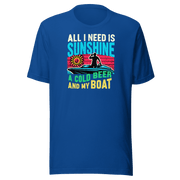 Tee featuring "All I Need Is Sunshine, a Cold Beer, and My Boat" with a man in a boat and a retro sunset in the background.