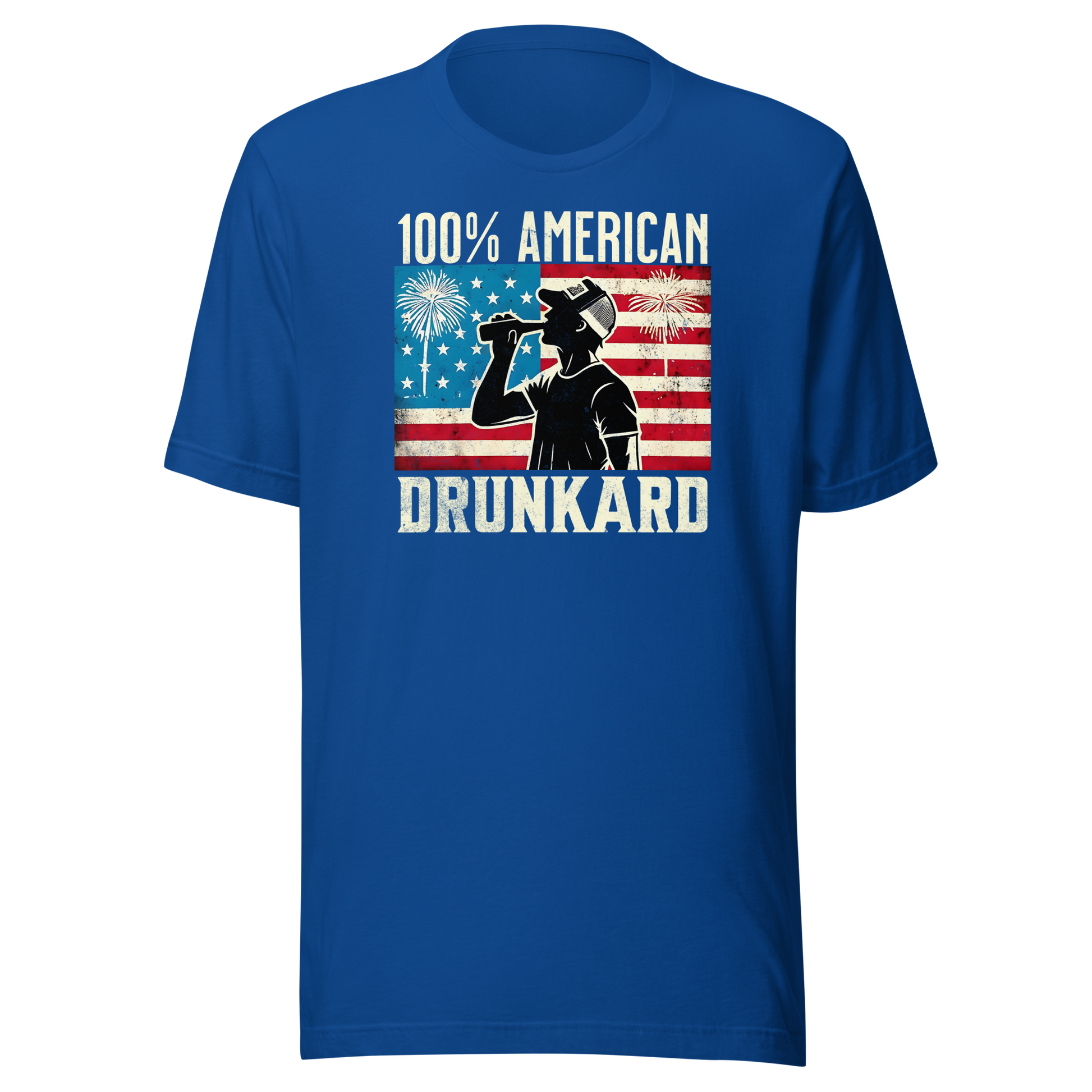 4th of July T-shirt with '100% American Drunkard' text, man drinking a bottle of beer wearing a trucker hat, and distressed American flag background