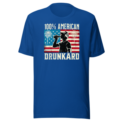 4th of July T-shirt with '100% American Drunkard' text, man drinking a bottle of beer wearing a trucker hat, and distressed American flag background