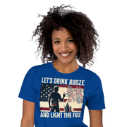 4th of July T-shirt with 'Let's Drink Booze and Light the Fuse' text, featuring a festive, patriotic theme