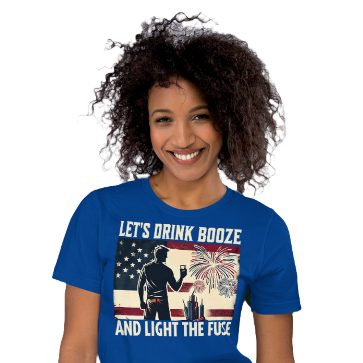 4th of July T-shirt with 'Let's Drink Booze and Light the Fuse' text, featuring a festive, patriotic theme