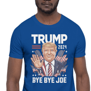 Man wearing blue Trump 2024 Bye Bye Joe funny tee with President Trump waving illustration