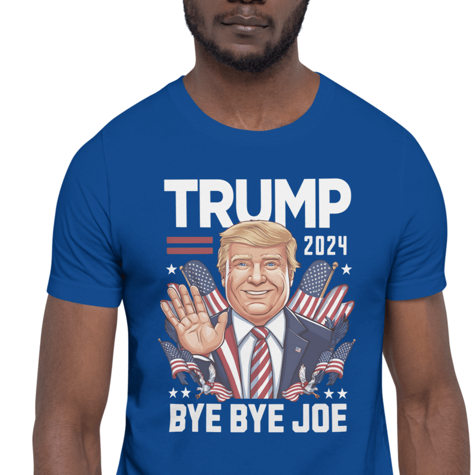 Man wearing blue Trump 2024 Bye Bye Joe funny tee with President Trump waving illustration