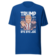 Trump 2024 Bye Bye Joe funny tee with playful illustration of Trump waving on blue shirt