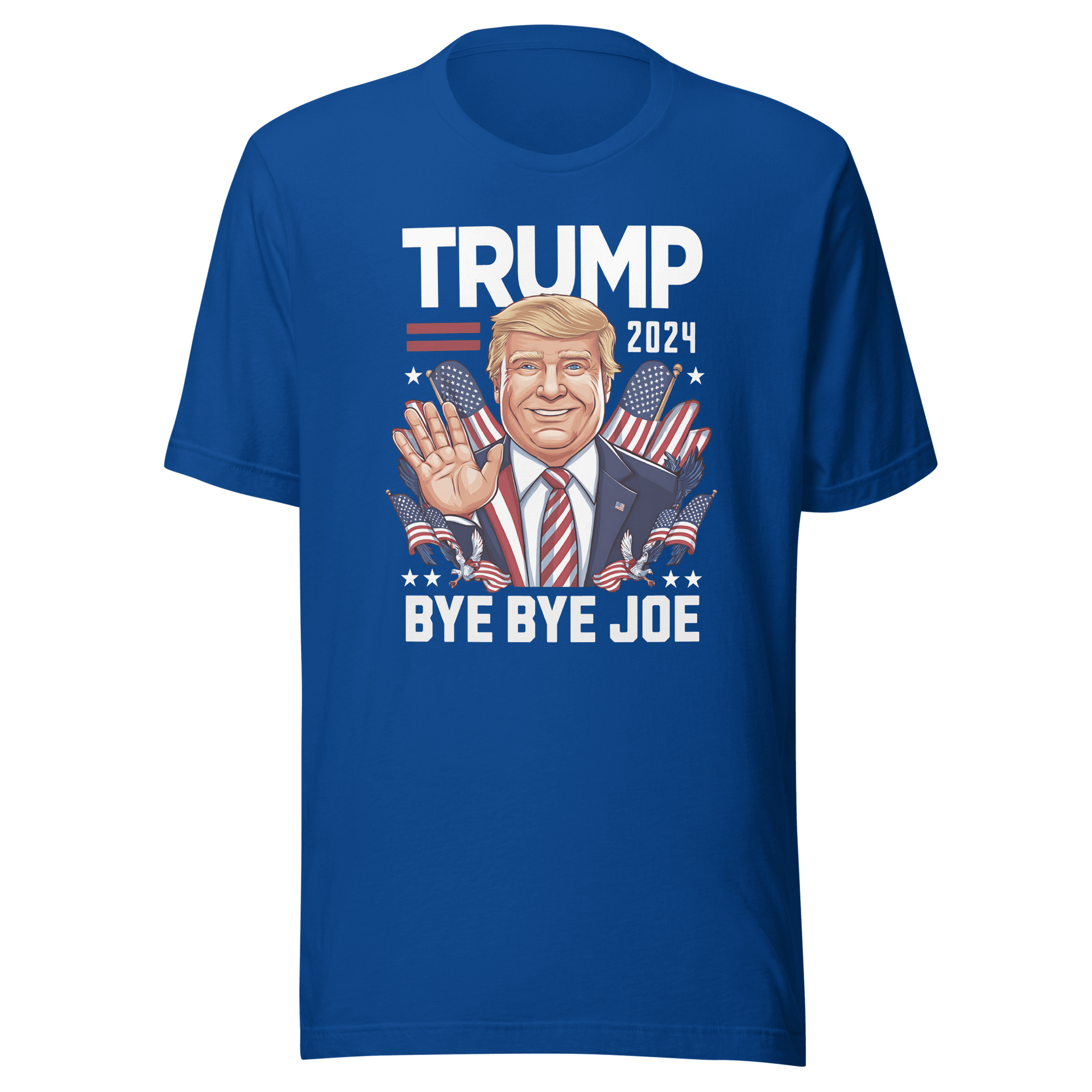 Trump 2024 Bye Bye Joe funny tee with playful illustration of Trump waving on blue shirt