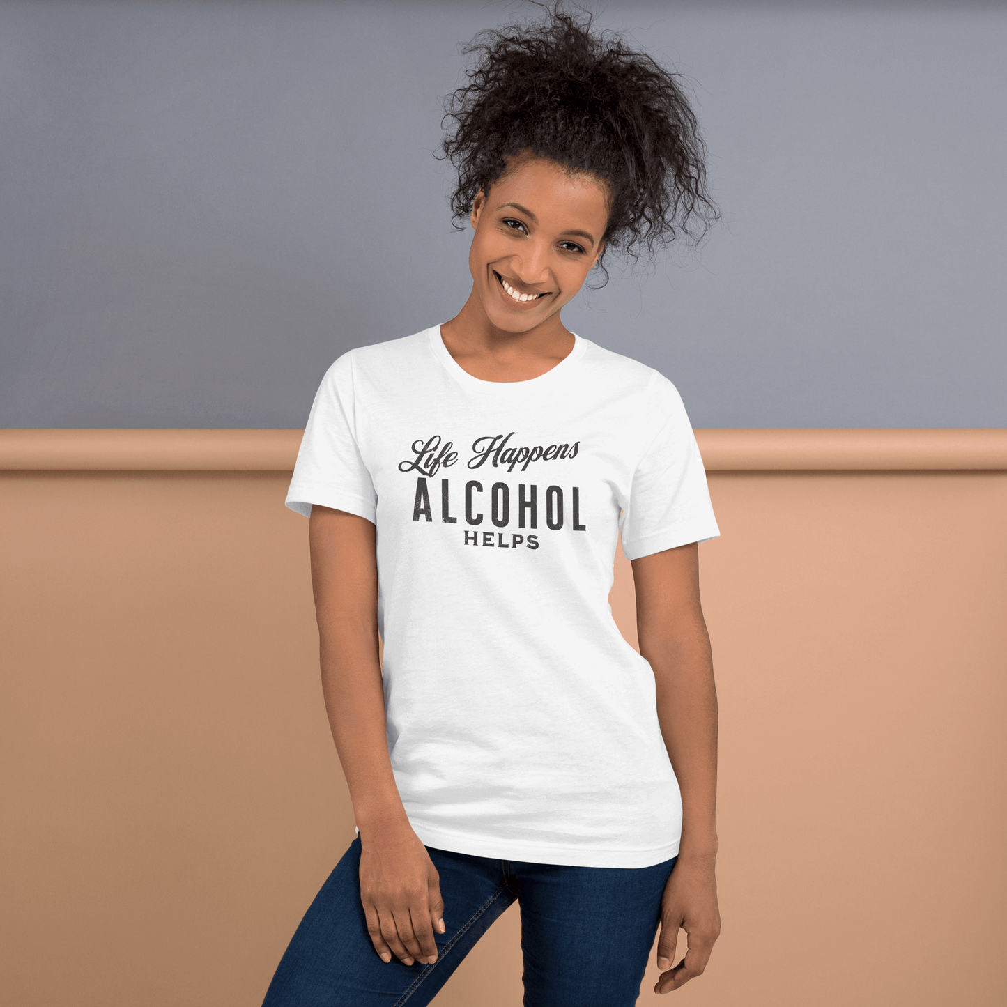 "Life Happens Alcohol Helps" T-Shirt: Embrace Fun! Get your hands on the ultimate funny drinking t-shirt. Comfortable, lightweight, and perfect for all. Dive into fun with style!