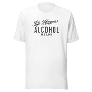 "Life Happens Alcohol Helps" T-Shirt: Embrace Fun! Get your hands on the ultimate funny drinking t-shirt. Comfortable, lightweight, and perfect for all. Dive into fun with style!