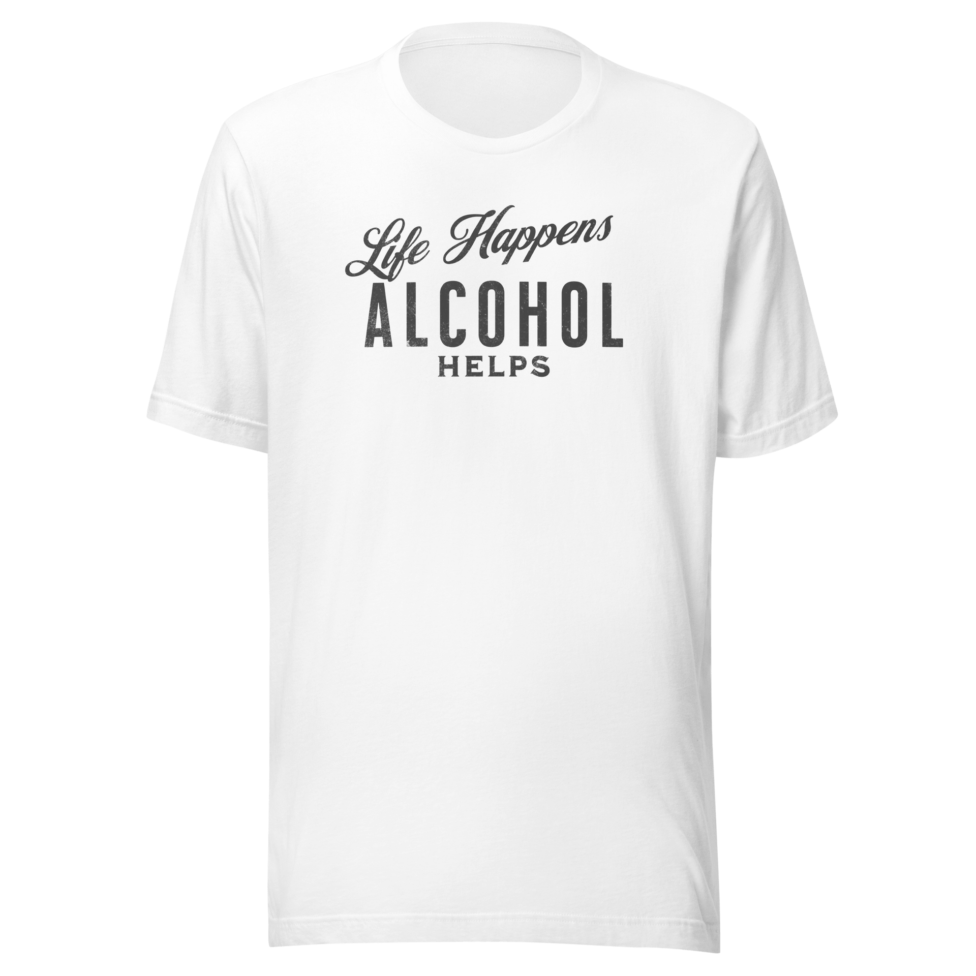 "Life Happens Alcohol Helps" T-Shirt: Embrace Fun! Get your hands on the ultimate funny drinking t-shirt. Comfortable, lightweight, and perfect for all. Dive into fun with style!