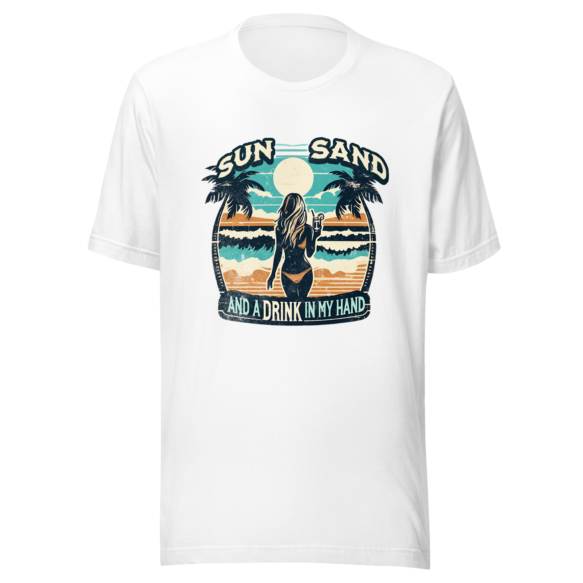 Woman with cocktail on beach on 'Sun, Sand, and a Drink in My Hand' tee, showcasing ocean and sun background