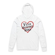 white featherweight hoodie with the phrase "V is for Valentines" with "Valentines" scratched out and "Vodka" written underneath a sketched valentine's heart surrounding the phrase to complete the design