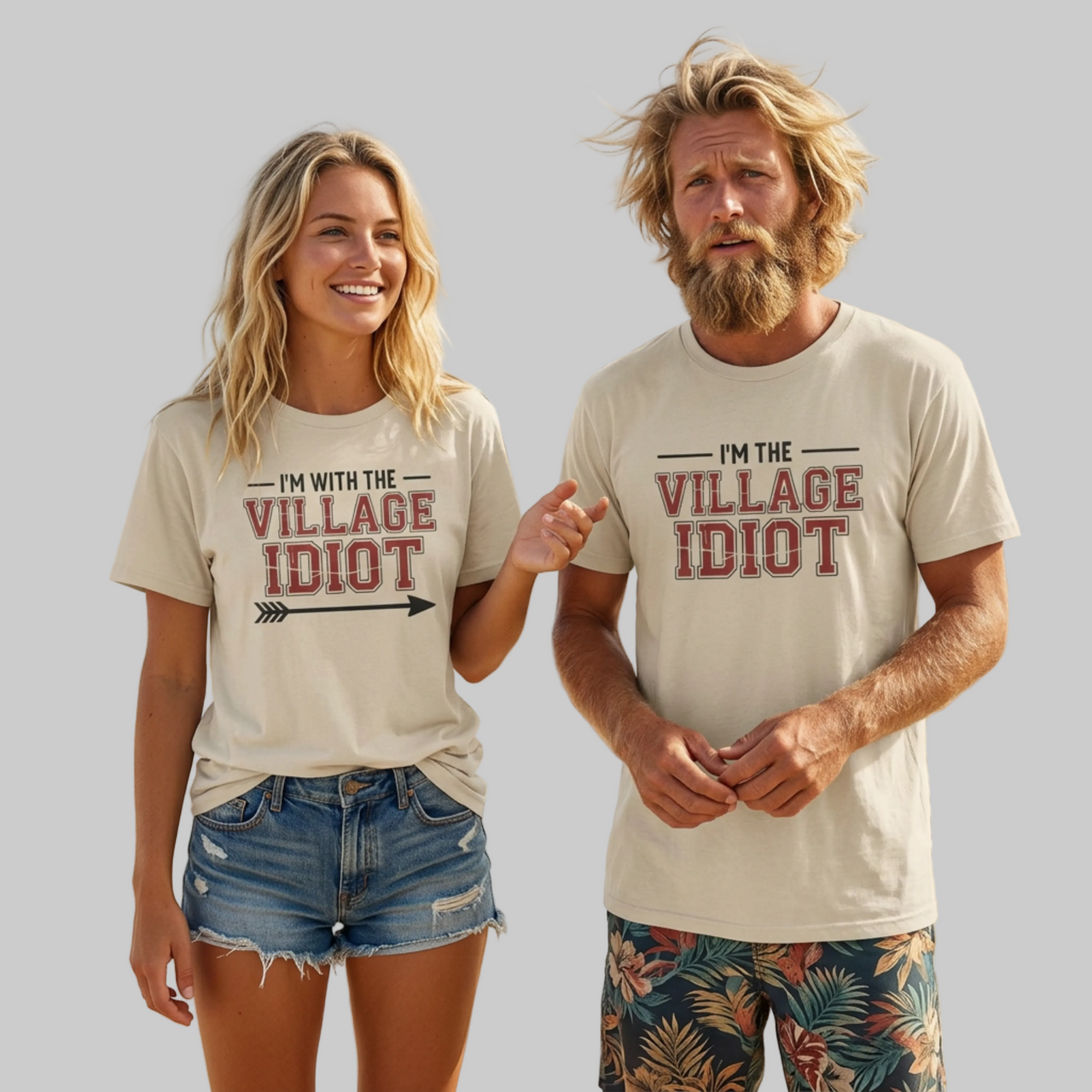 premium softstyle t-shirt bundle with the phrases 'I'm with the villlage idiot' and 'I'm the village idiot' funny spring break, beach vacations, lake days, girls trip, guys trip, matching couples designs