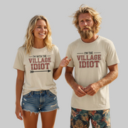 premium softstyle t-shirt bundle with the phrases 'I'm with the villlage idiot' and 'I'm the village idiot' funny spring break, beach vacations, lake days, girls trip, guys trip, matching couples designs