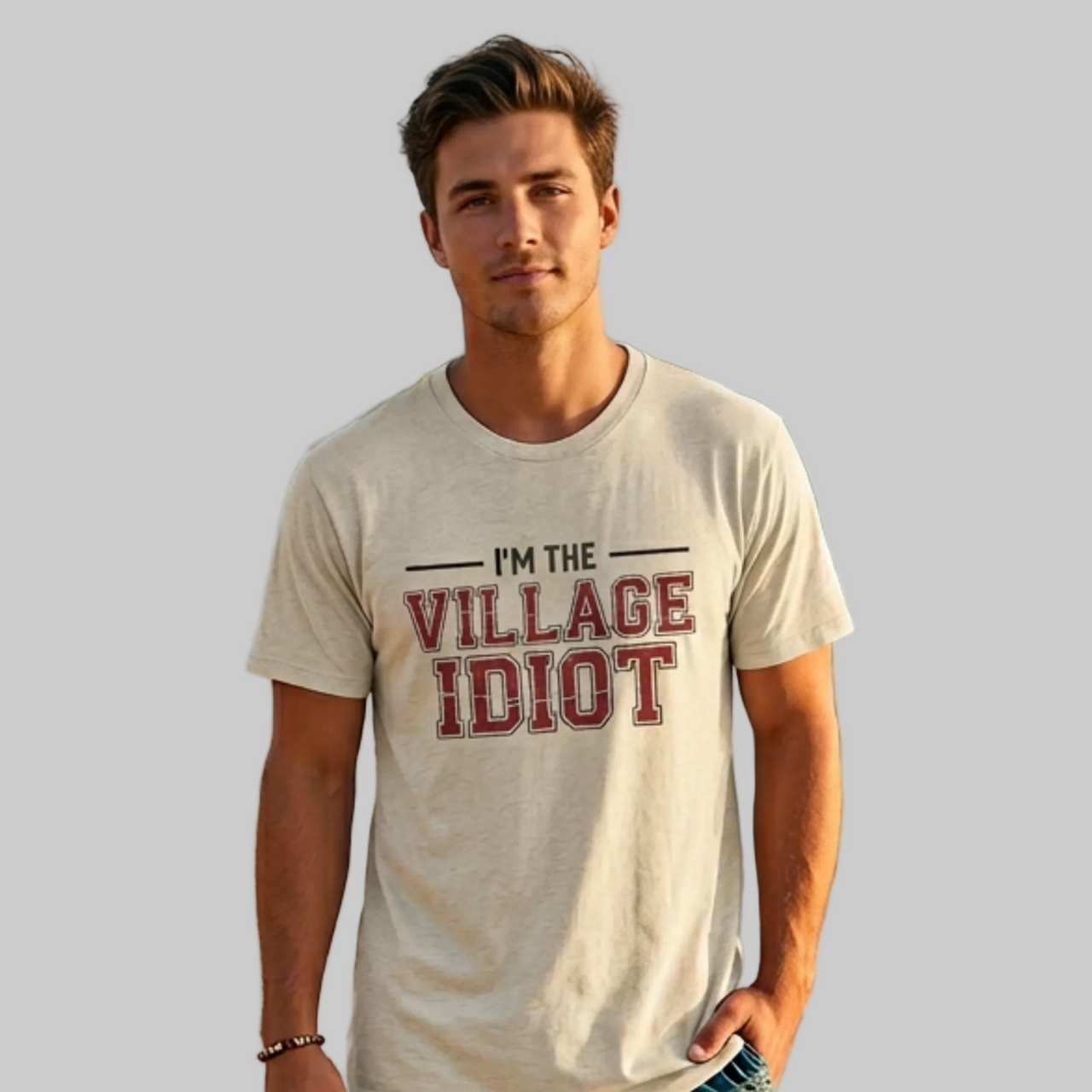 premium softstyle t-shirt  with the phrase  'I'm the village idiot' funny spring break, beach vacations, lake days, girls trip, guys trip, matching couples designs